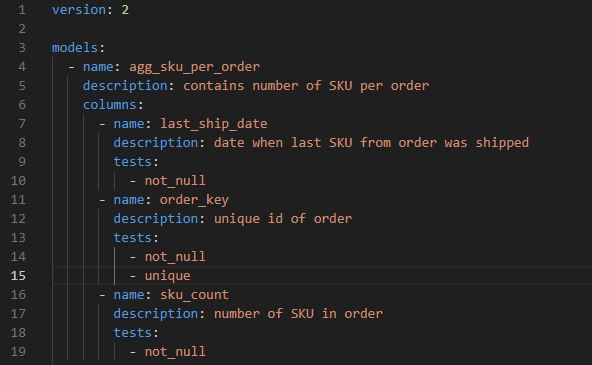 przykład pliku z dokumentacją i testami modeli w dbt