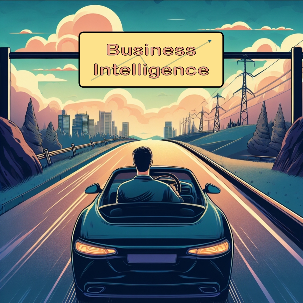 Grafika przedstawiająca samochód jadący po ulicy w kierunku znaku Business Intelligence