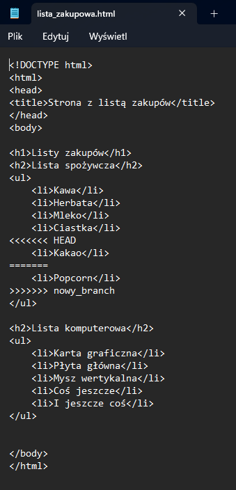 Przykład jak konflikt w kodzie html wygląda w notatniku