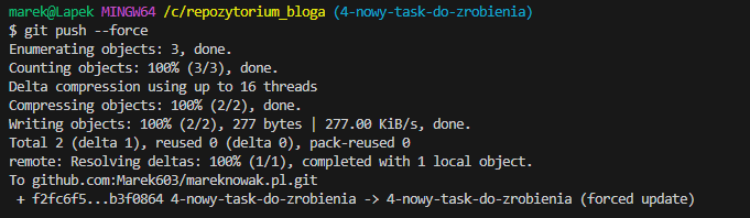 siłowe wypchnięcie lokalnej gałęzi do zdalnego repozytorium przez git push --force