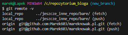 wynik polecenia git remote -v pokazujący listę zdalnych repozytoriów wraz z ich adresami