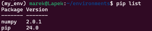 wylistowanie zainstalowanych modułów w wirtualnym środowisku z wykorzystaniem polecenia pip list