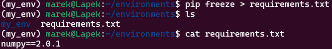 utworzenie pliku requirements.txt wykorzystując pip freeze > requirements.txt