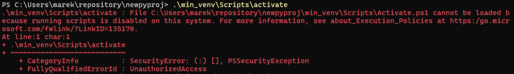 Błąd aktywacji wirtualnego środowiska w PowerShell.