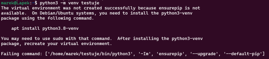 screen z terminala przedstawiający instalację modułu venv w Pythonie 3.8