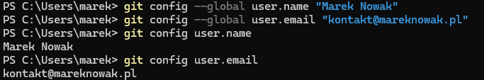 Podstawowe zmienne w konfiguracji Git: user.name i user.email