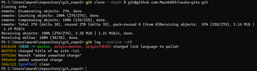 git clone z parametrem --depth do sklonowania jedynie ostatnich commitów