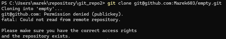 Poglądowe spojrzenie na nieudane polecenie git clone ze względu na brak dostępu.Fatal: could not read from remote repository